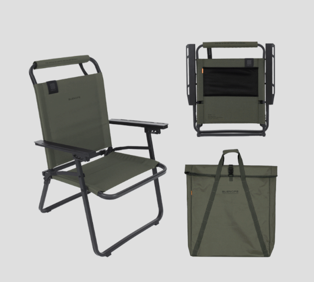 FLOW folding chair khaki colorway set: assembled chair, folded flat profile, and matching roll-top storage bag