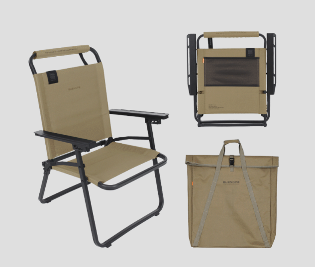 FLOW folding chair tan colorway set: assembled chair, folded flat profile, and matching roll-top storage bag