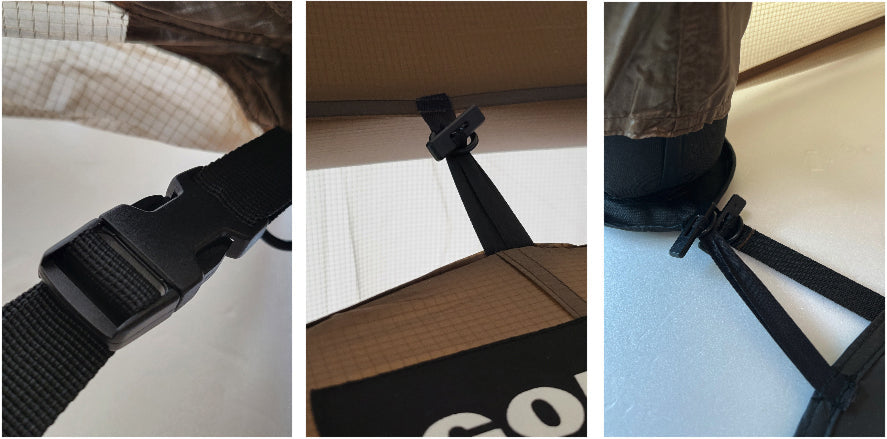 Toggle and strap buckling the inner tent to an interior anchor point