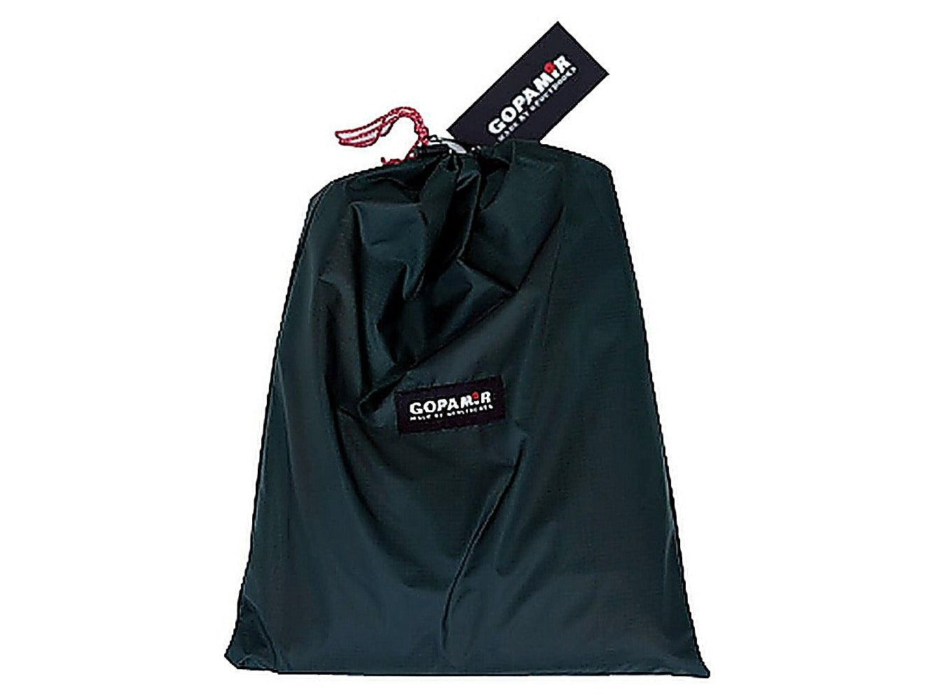 Side tarp packed into its compact dark-green GOPAMIR stuff sack with drawstring and hang tag