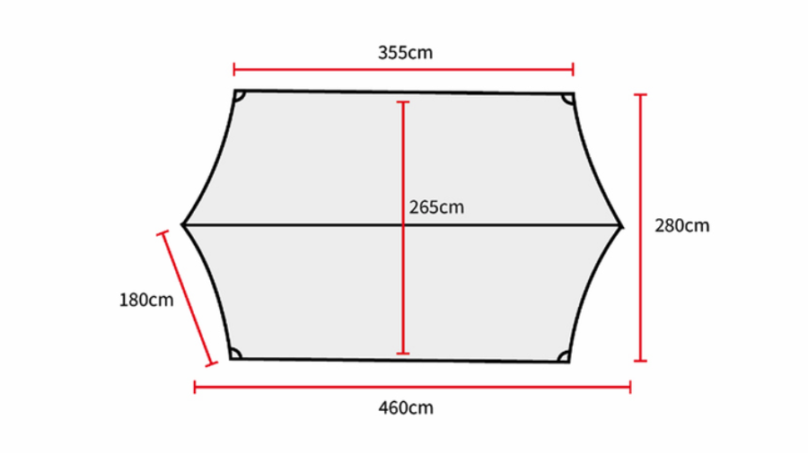 Gopamir T720+ Side Tarp dimension diagram — 460 cm maximum width, 355 cm top edge, 280 cm depth, 265 cm center, 180 cm side panel