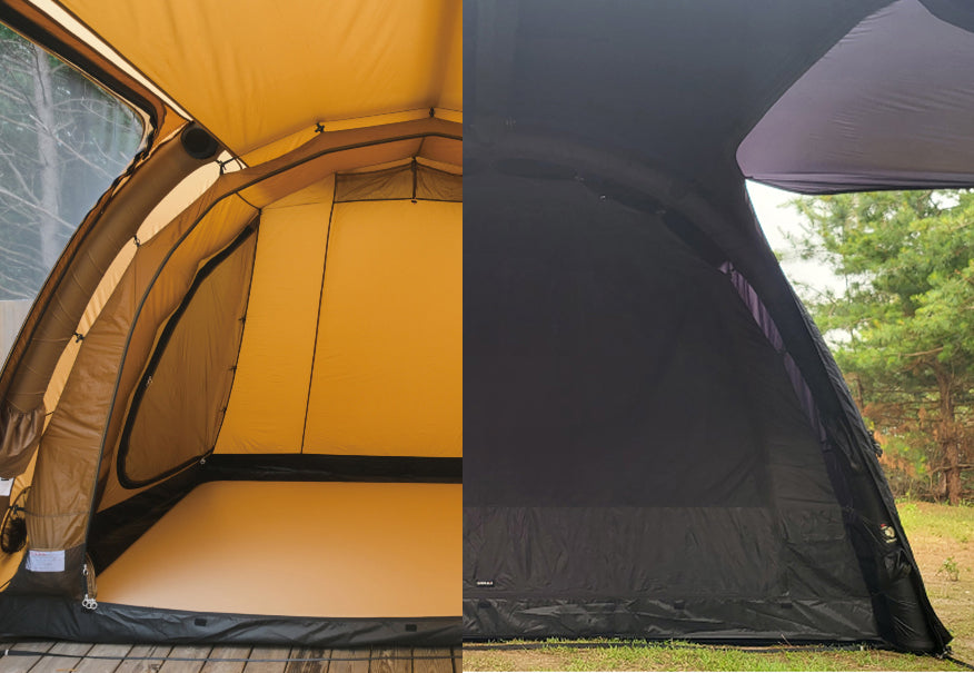 Inner tent installation inside main shelter showing two fabric options