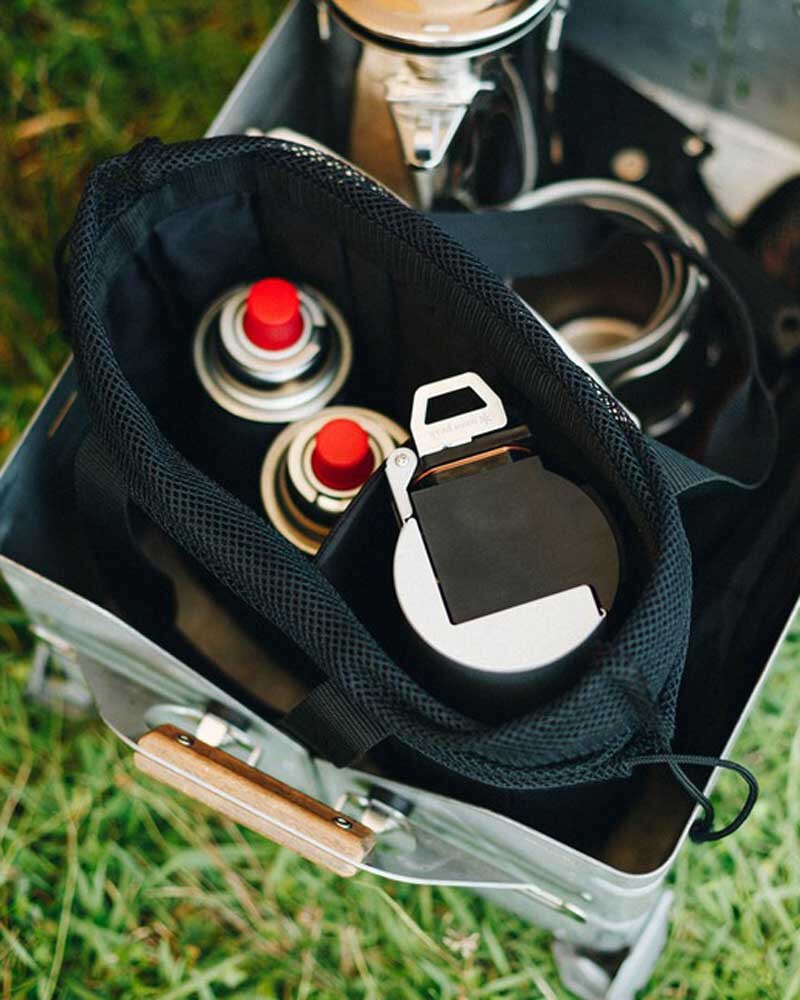 Home & Camp Burner Storage Bag, Black, loaded with two gas cartridges and cookware