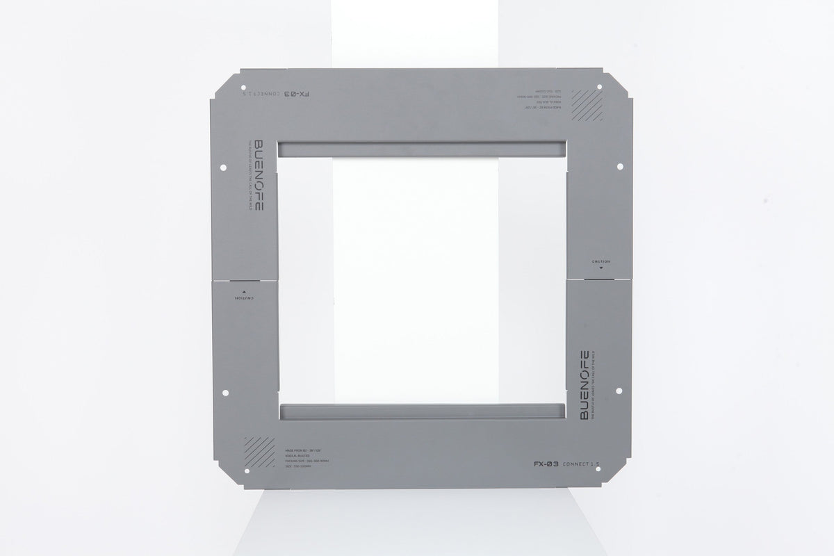 BUENOFE IGT Connect Table 1.5 shown front-on as a graphite-gray open square aluminum connector frame on a seamless white studio background, its slim rails and rounded corner tabs clearly visible.