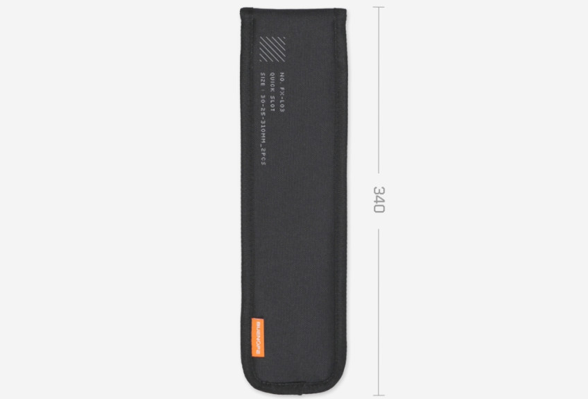 BUENOFE IGT Quick Slot Table Leg carry pouch shown standing vertically on a light gray background with a 340 mm length marker, the black sleeve printed FX-L03 Quick Slot and Size 30-25-310mm 2pcs, showing its slim packed size.