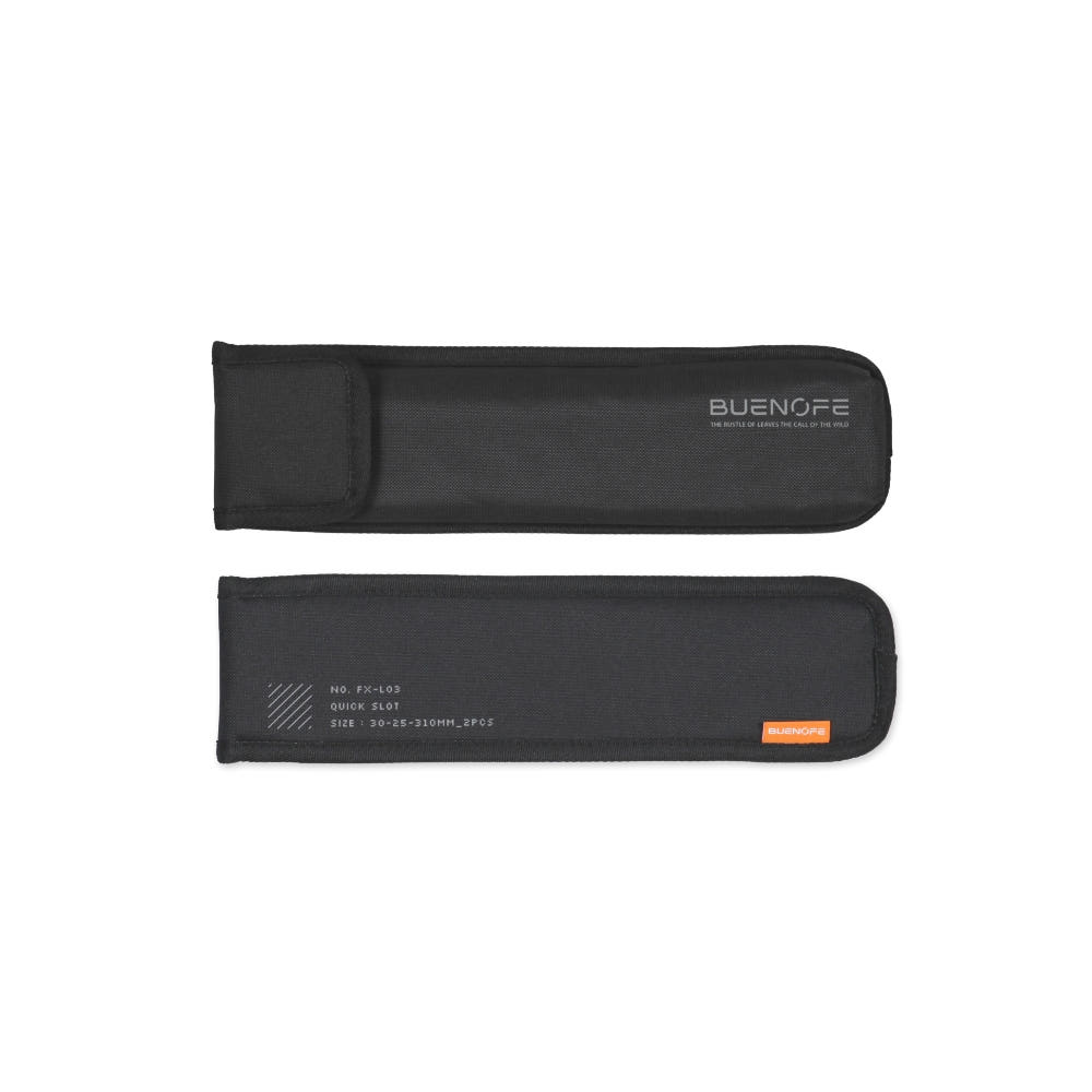 BUENOFE IGT Quick Slot Table Leg carry pouch shown as front and back views on a white background, the black Oxford 600D sleeve printed BUENOFE and No. FX-L03 Quick Slot, Size 30-25-310mm 2pcs with an orange logo tab.