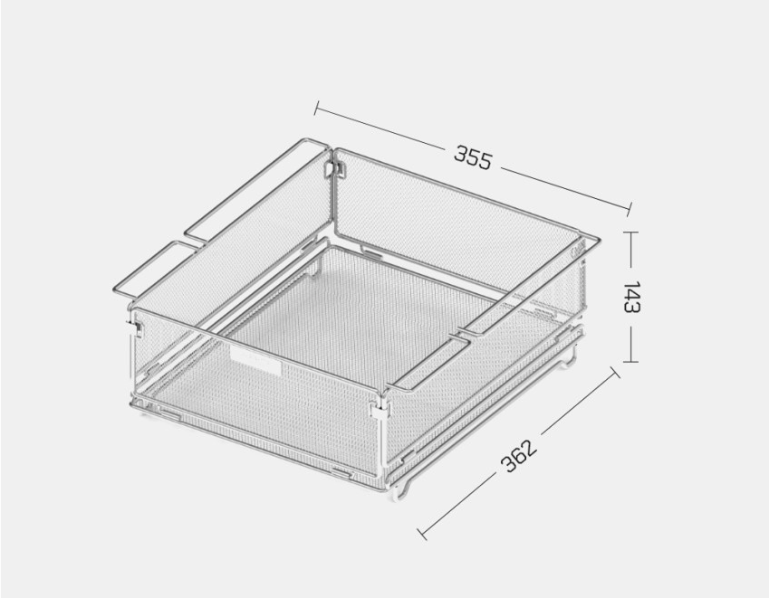 BUENOFE IGT Mesh Tray 1.5 dimension drawing showing 355 by 362 by 143 millimetres in use