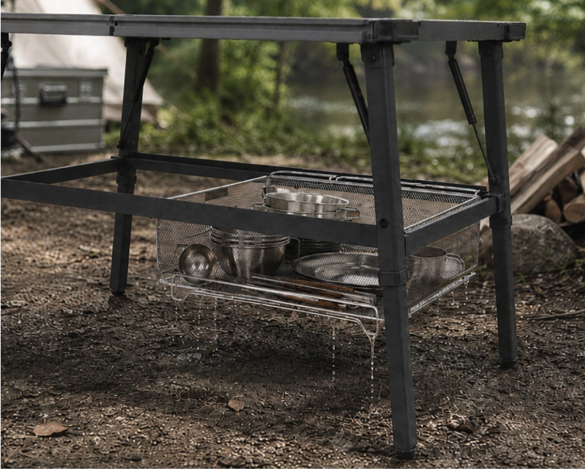 BUENOFE IGT Mesh Tray 1.5 mounted under an IGT table at an outdoor campsite