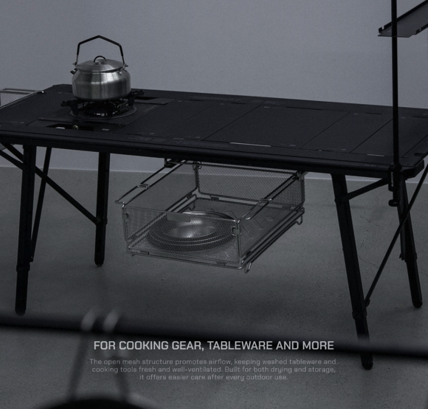 BUENOFE IGT Rail Frame 1.5 storing cooking gear and tableware beneath the tabletop
