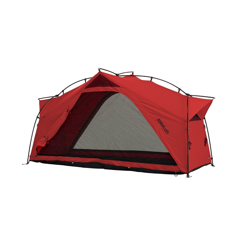 JakeLah J.cot tent W TC in Red - angled view with mesh door