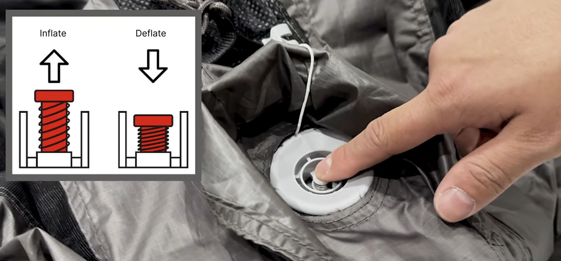Air valve lock button in the up inflate position with an inflate and deflate diagram