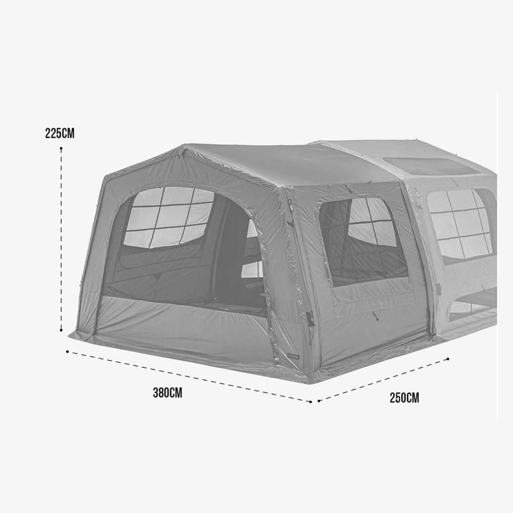 Side-by-side dimensional diagram of T-250 shelter and T-250 vestibule