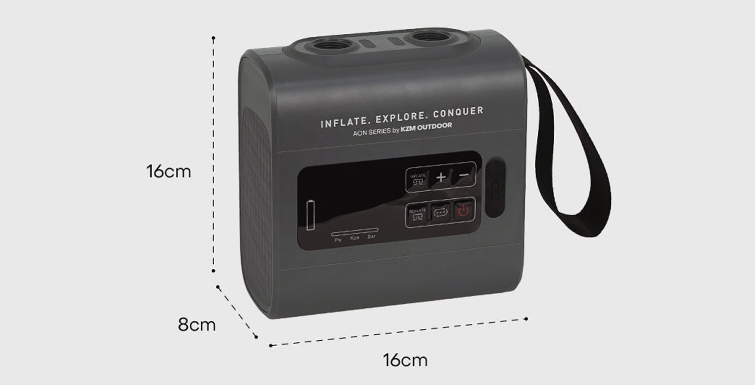 KAZMI Wireless Air Pump Dimension. 8 cm x 16 cm x 16 cm
