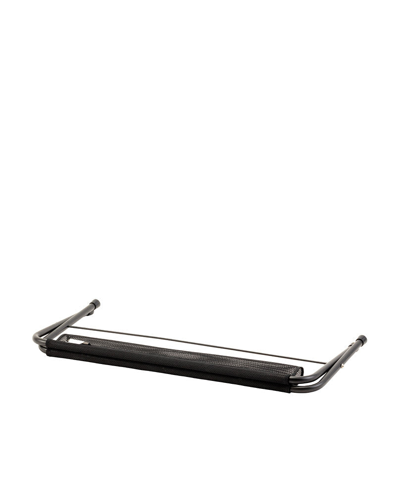 Mesh Folding Bench, Black, low angle view showing the aluminum frame