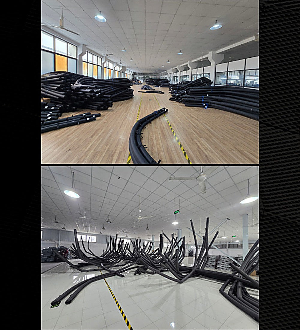 Factory floor with rows of stacked air-frame tubes laid out for QC inspection before shipping