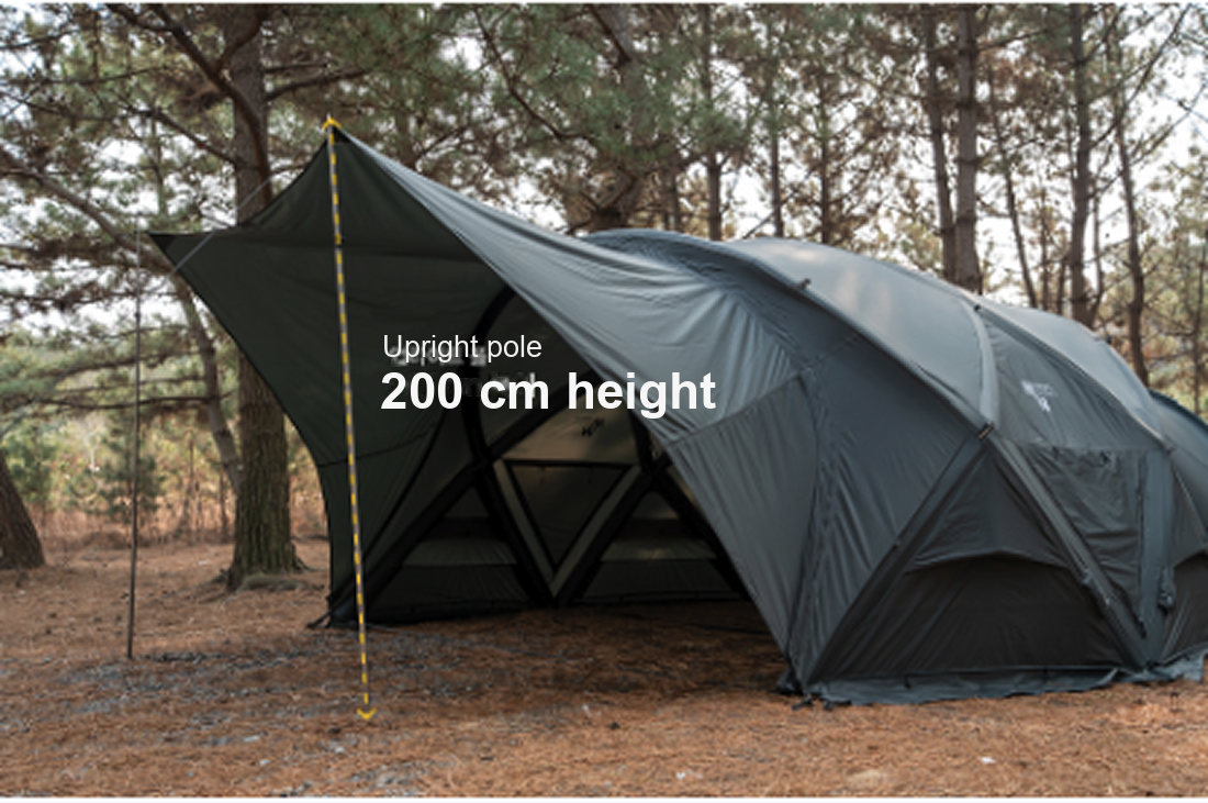 Minimal Works Shelter GM Porch pitched with the upright pole at 200 cm height