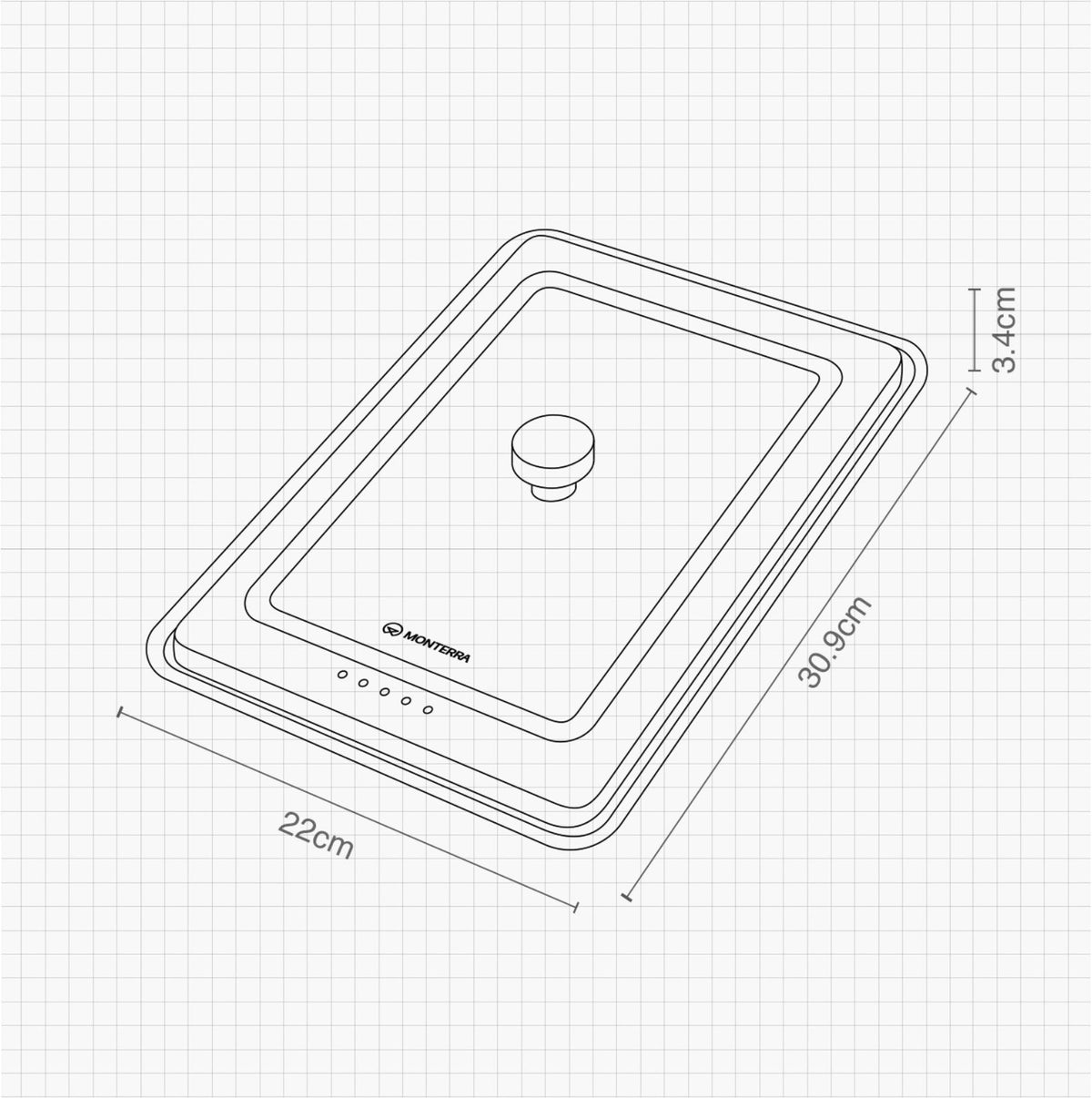 Dimension drawing of the hot pot pan cover: 30.9 cm long, 22 cm wide, 3.4 cm tall