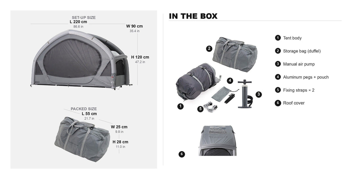 Neo Nest 80 Air dimensions: set-up 220 x 90 x 120 cm, packed 55 x 25 x 28 cm, with in-the-box contents and roof cover.