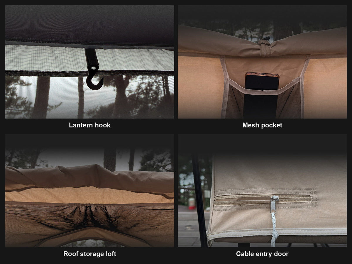Four interior details of the Neo Nest 80: lantern hook, mesh pocket, roof storage loft and cable entry door.