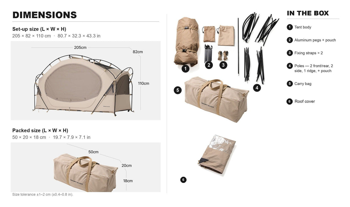 Neo Nest 80 dimensions: set-up 205 x 82 x 110 cm, packed 50 x 20 x 18 cm, with in-the-box contents and roof cover.