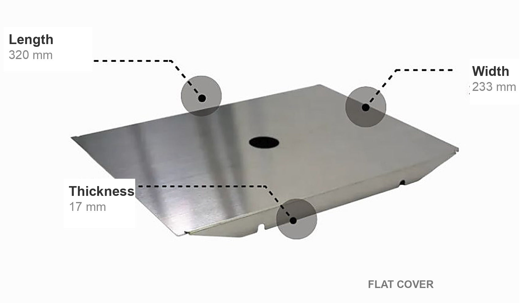 Saikkiri Flat Cover dimensions — length 320 mm, width 233 mm, thickness 17 mm