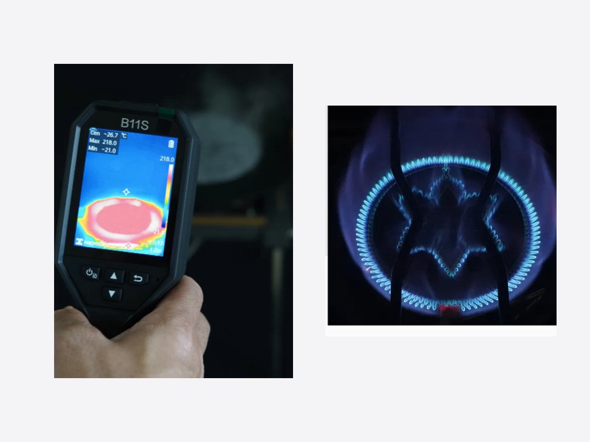 Thermal camera reading and an even blue flame ring on the Personal Flat Burner
