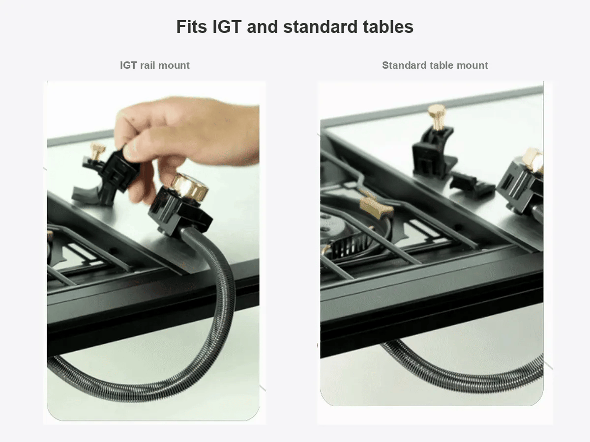 Two swappable mounts — an IGT rail clip and a screw-on mount for standard tables