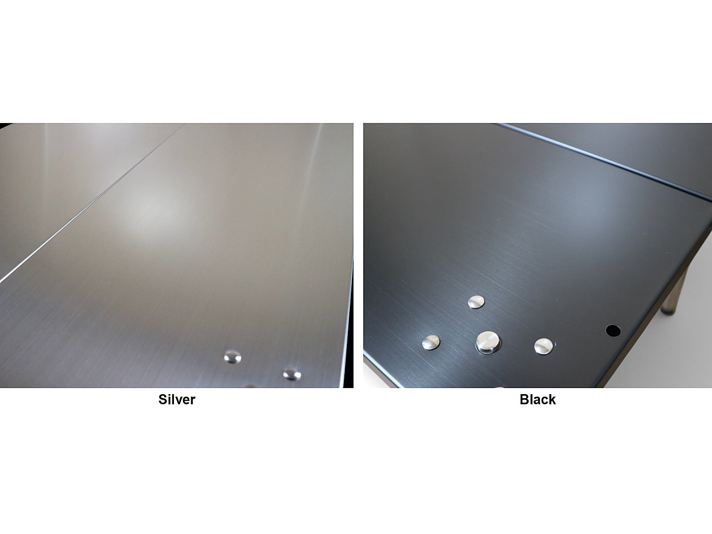 Silver and black Ribera top plates side by side - bare hairline on the Silver, matte-black PVD over hairline on the Black.