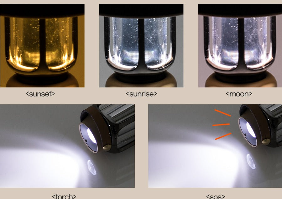 Rico Lantern's 5 light modes shown side by side -- sunset, sunrise, moon, torch, and SOS