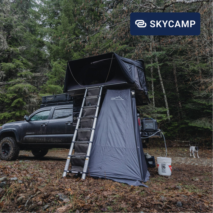 LNT Overland's shower tent with iKamper Skycamp 3.0 on Toyota Tacoma Off Road