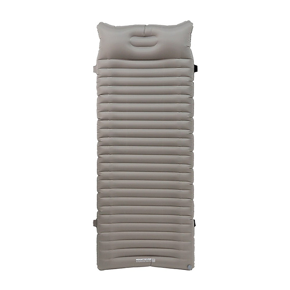 Sky Mat Wave 77 sleeping pad in Sand Gray, top-down studio view with the built-in pillow at the head end.