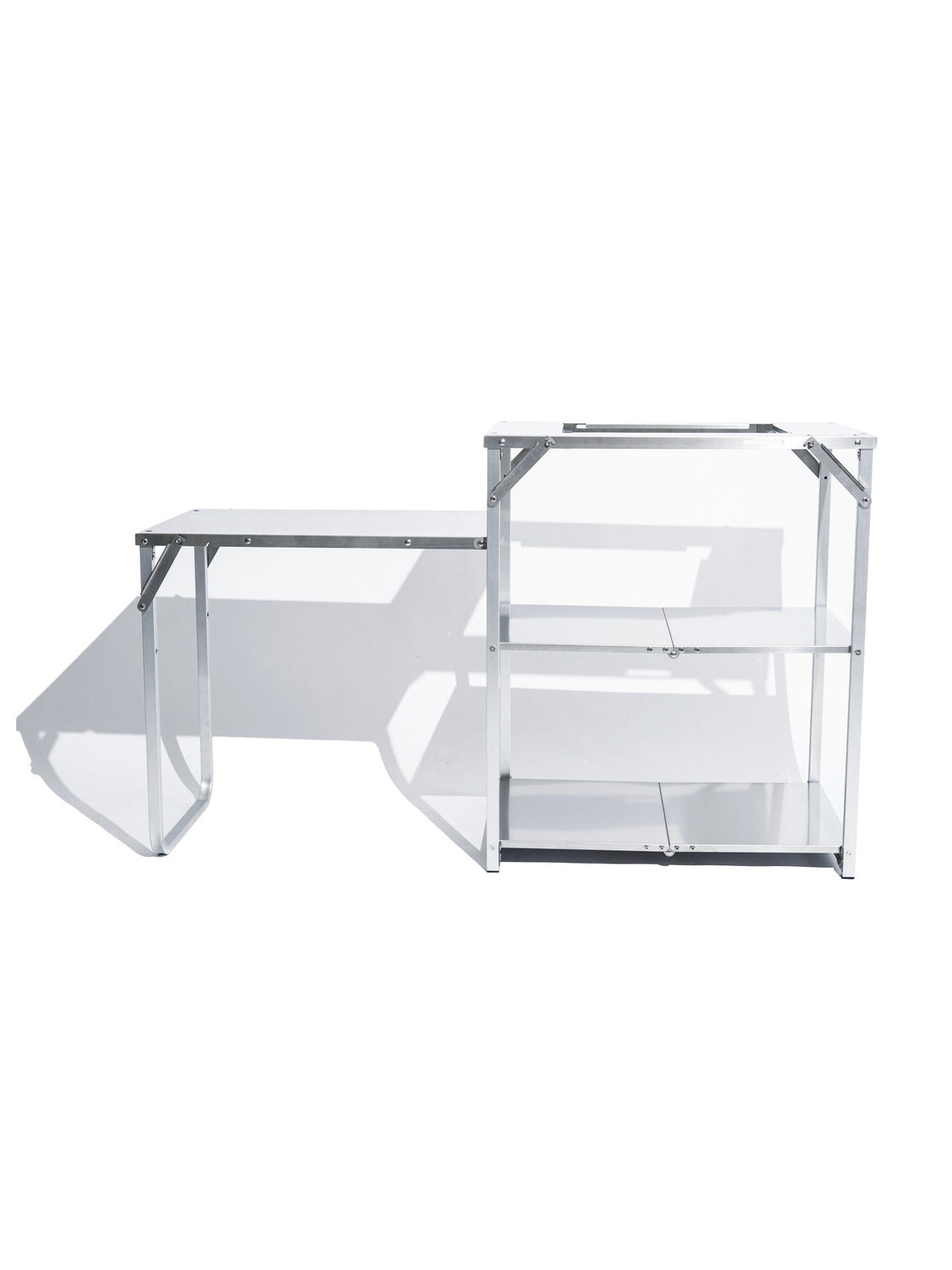 Full side elevation of the Stella with the side table deployed, showing both working heights.