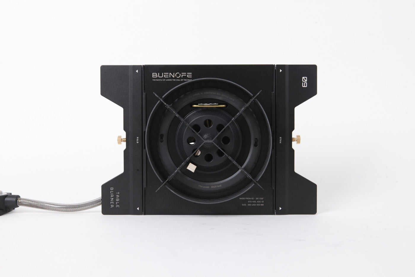 BUENOFE Stove Windscreen fitted to the BX-09 Table Burner set flat inside an IGT table frame, shown from the front on a white background with the BUENOFE logo panel facing the camera.