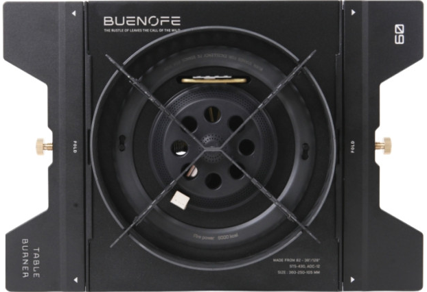 BUENOFE Stove Windscreen fitted to the BX-09 Table Burner inside an IGT frame, shown from the front against a dark background with the BUENOFE branding panel centered.