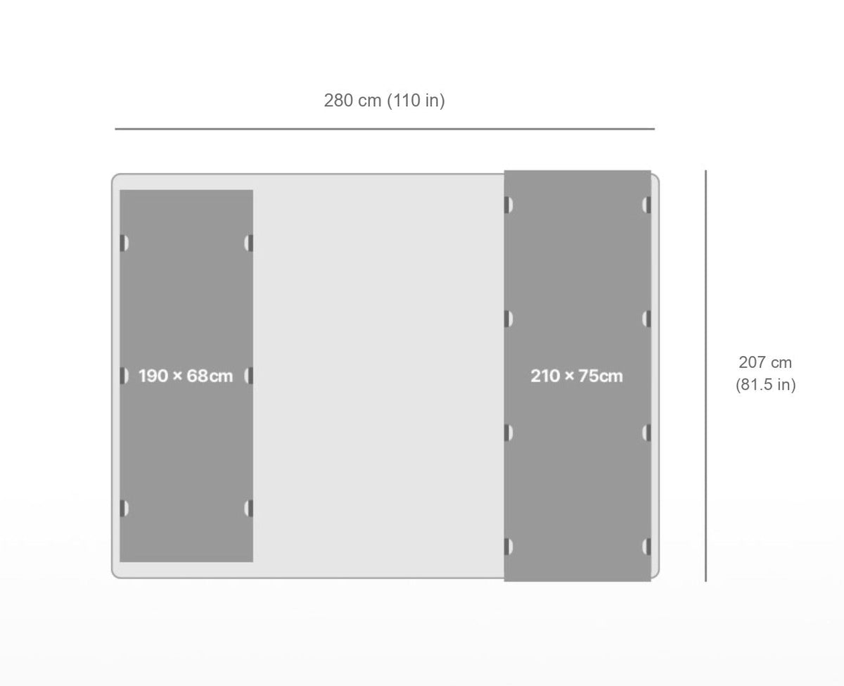 Size diagram: 280 cm (110 in) by 207 cm (81.5 in), shown with a 190 × 68 cm cot and a 210 × 75 cm cot