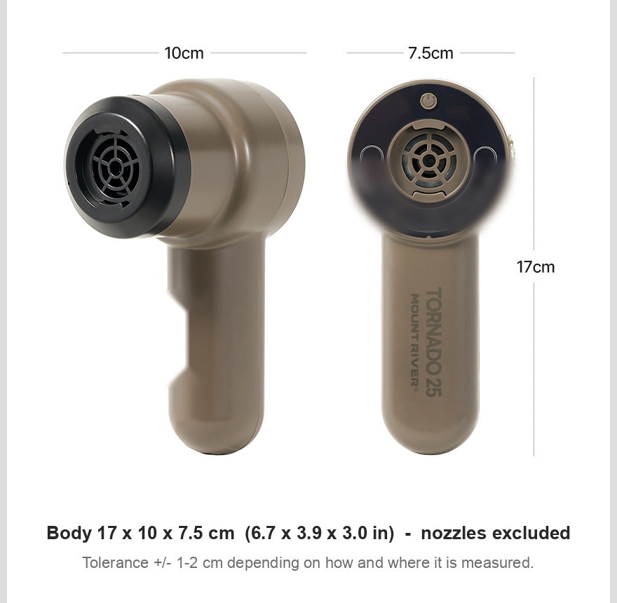Dimension drawing of the Tornado 25 air pump: 17 cm tall, 10 cm deep and 7.5 cm across the body.