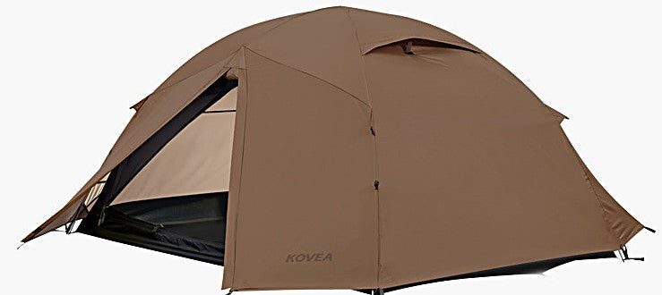 Tent with the front fly staked out as an open vestibule